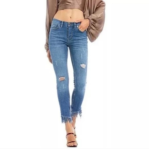 Free People Hi-rise Distressed Freyed Hem Cropped Jeans Medium Wash 26 EUC - Picture 1 of 10